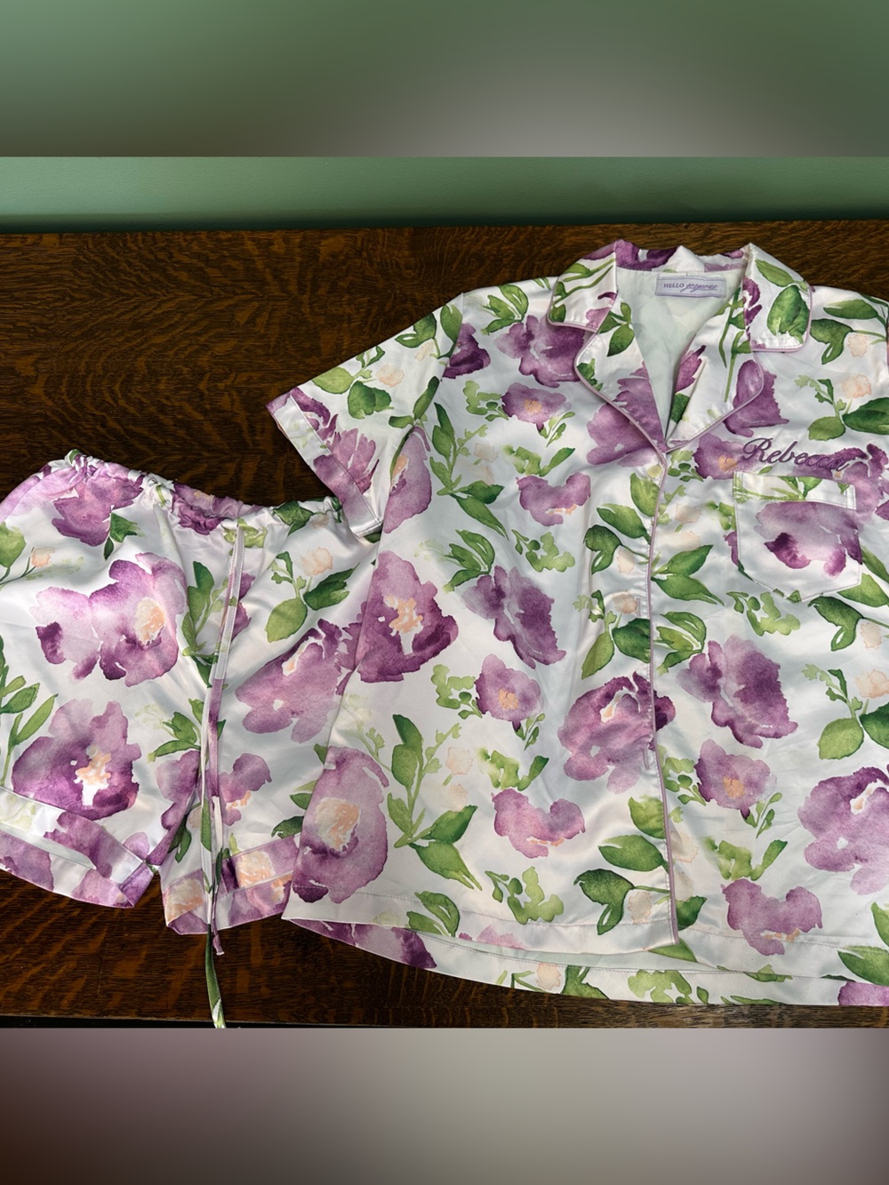Floral Satin Women’s Shorts in Lavender and Green EMBROIDERED REBECCA